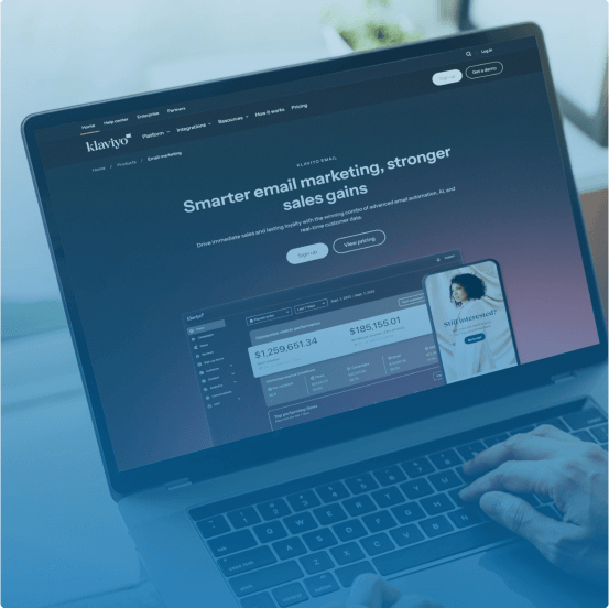 Smarter Email Marketing with Klaviyo – A laptop screen displaying Klaviyo’s email marketing dashboard with real-time analytics, highlighting the power of AI-driven automation for agencies and eCommerce brands.