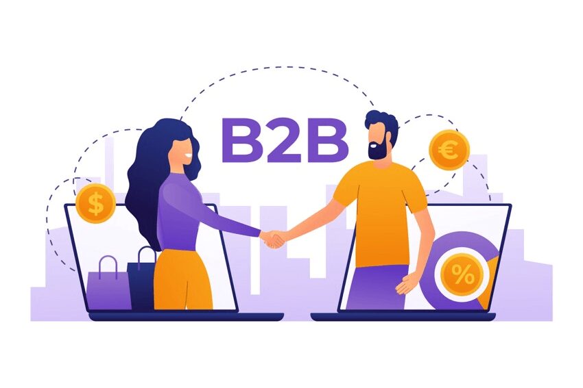 man and woman shaking hands with “B2B” at the background