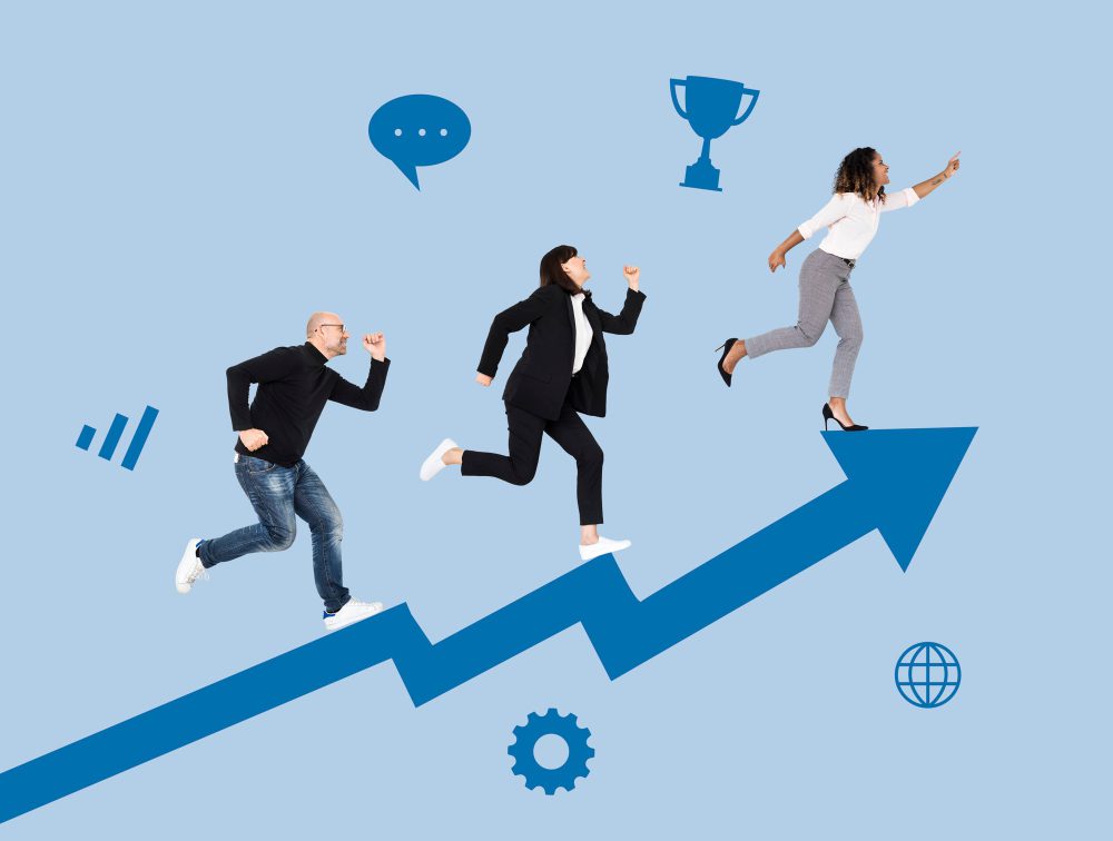 three individuals stepping on an arrow trending upward