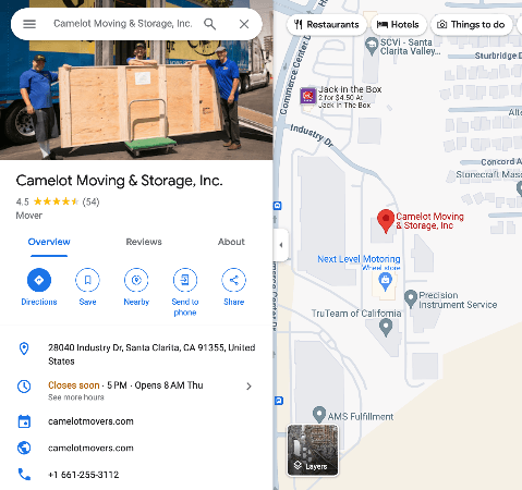 Camelot Moving & Storage Google Business Profile