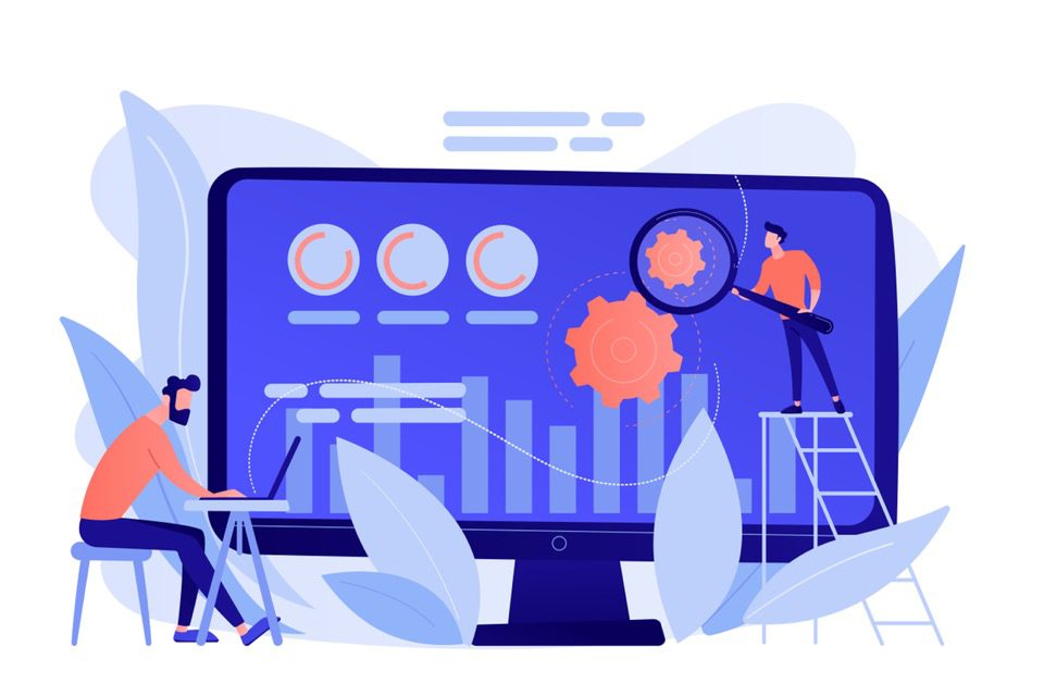 a cartoon man working on a laptop in front of a large monitor