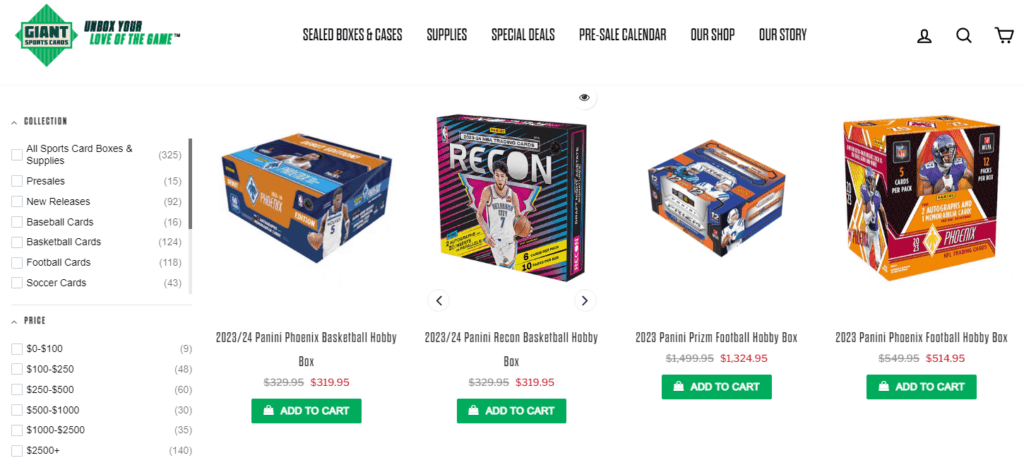 Category page featuring hobby boxes