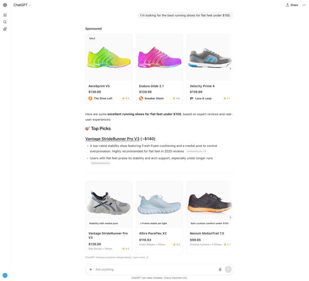 Mockup of ChatGPT interface displaying a conversational response with integrated product recommendations or advertisements within the text.