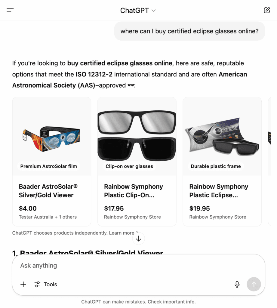 ChatGPT query for “where can I buy certified eclipse glasses online?”