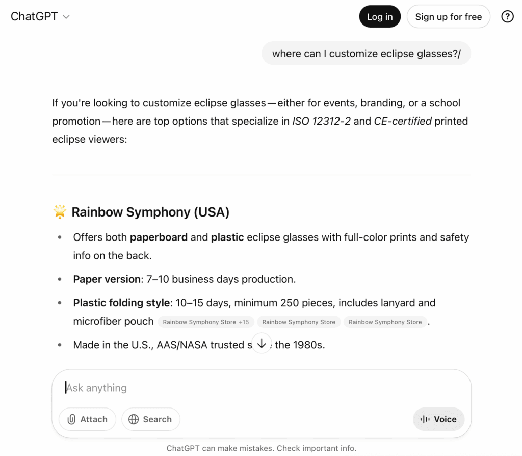 ChatGPT query for “where can I customize eclipse glasses?”