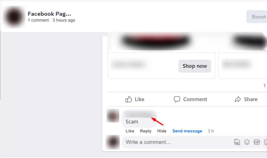 A comment on a business’s Facebook post that says “Scam”.