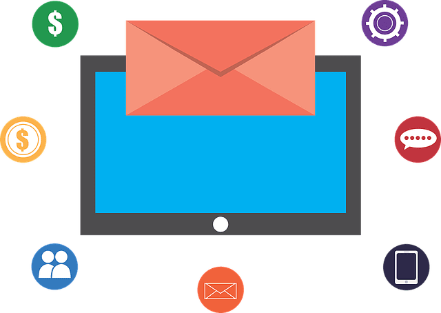 a graphic featuring a computer screen, an envelope, and icons