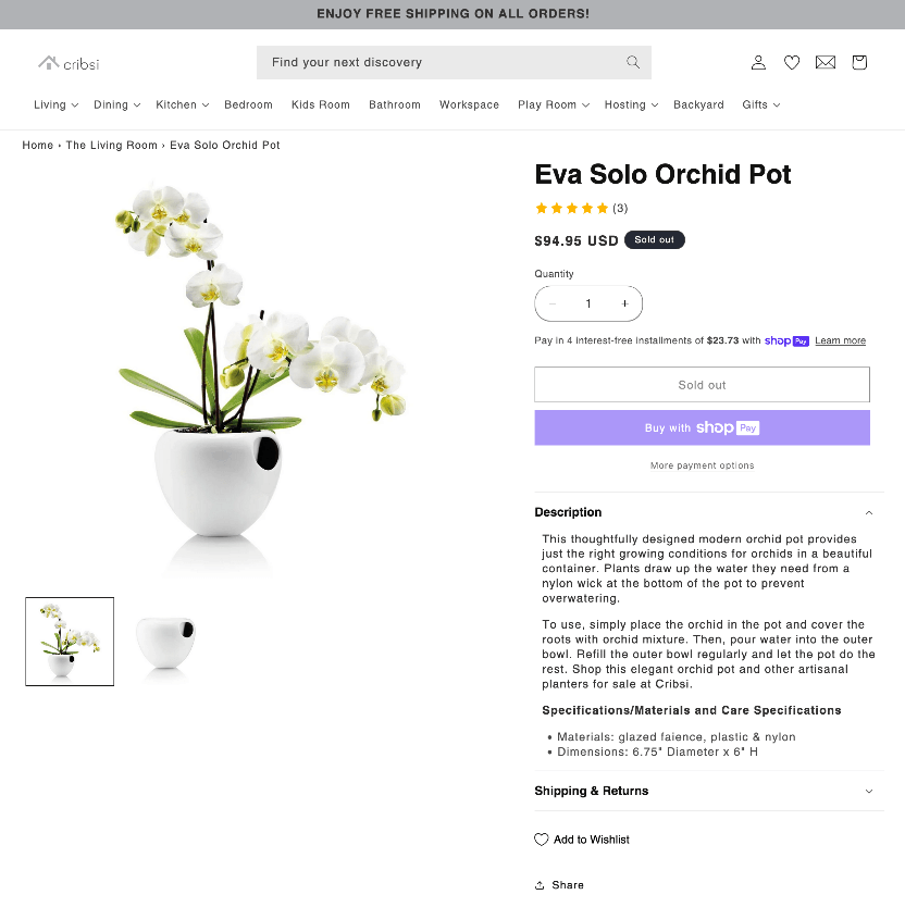 Cribsi product page showcasing their orchid pot