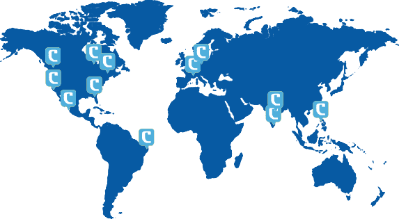 a blue world map showing the locations of Coalition’s team members