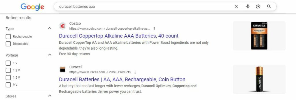 Google search query for “duracell batteries aaa”