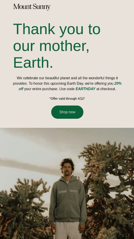 Earth Day marketing email from Mount Sunny