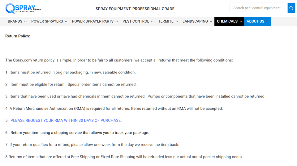 an effective return policy for a B2B power sprayer business