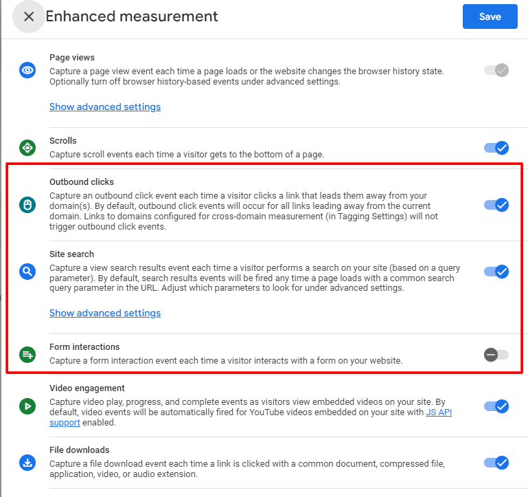 The enhanced measurement page from GA4