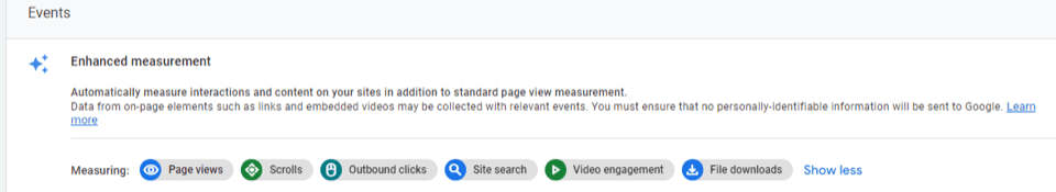 A list of events that GA4 can measure