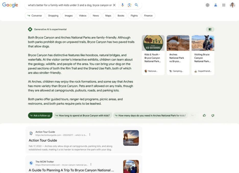 Example of Google Search Generative Experience Query Response