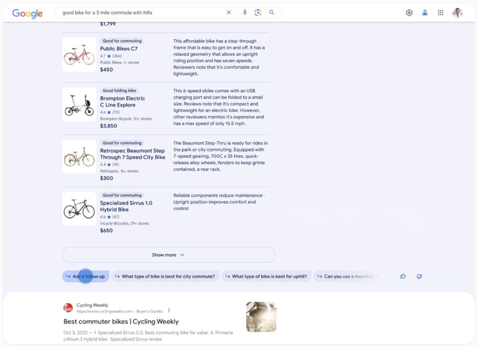 Example of Google Search Shopping Experience Response