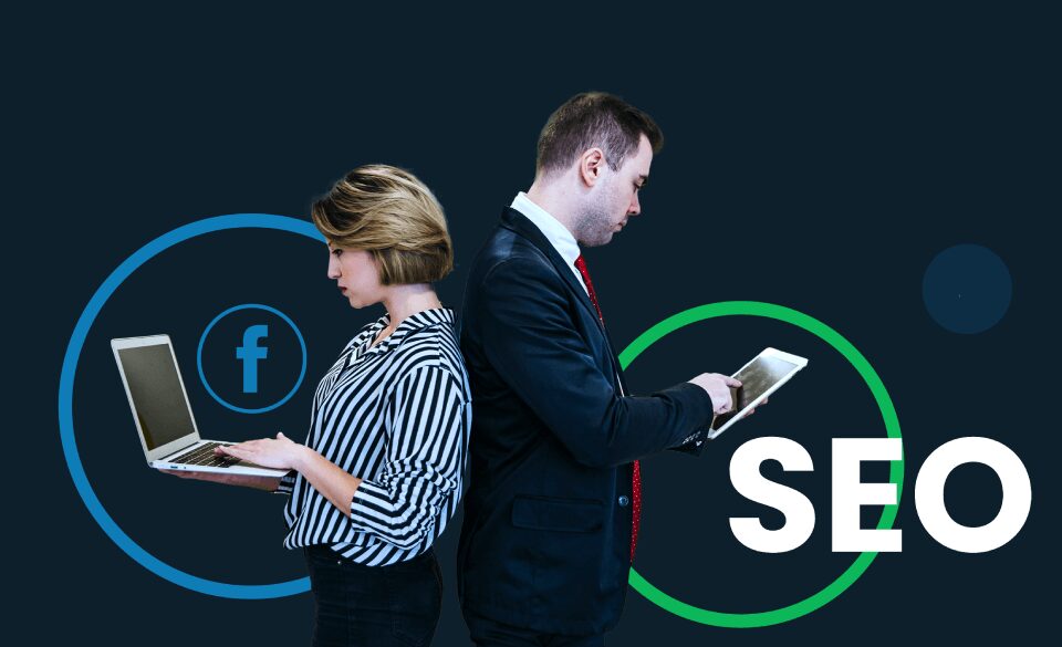 Man and woman back to back with a laptop and tablet, respectively, with Facebook and SEO on the background.