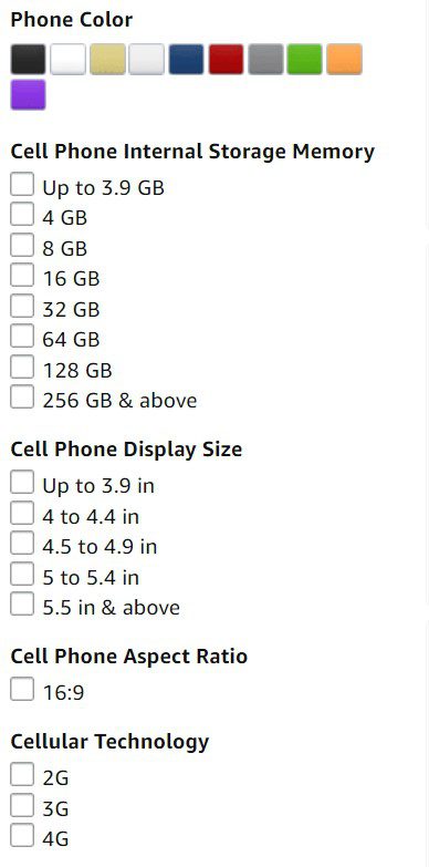 faceted search options for phones