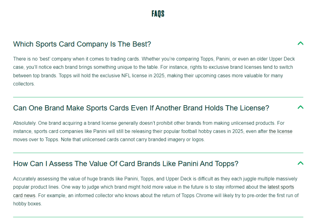 FAQ page about sports cards