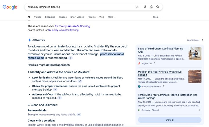 screenshot of Google AI Overview on fixing moldy laminate flooring