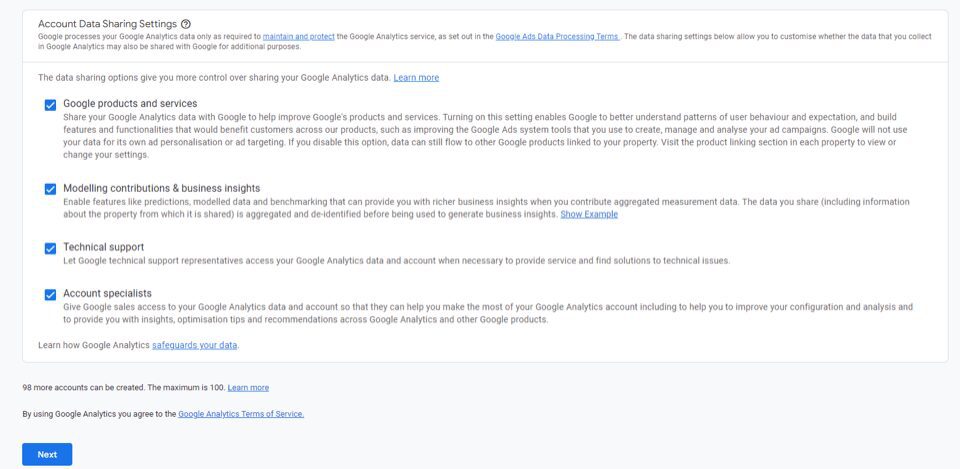 Google account data sharing settings menu