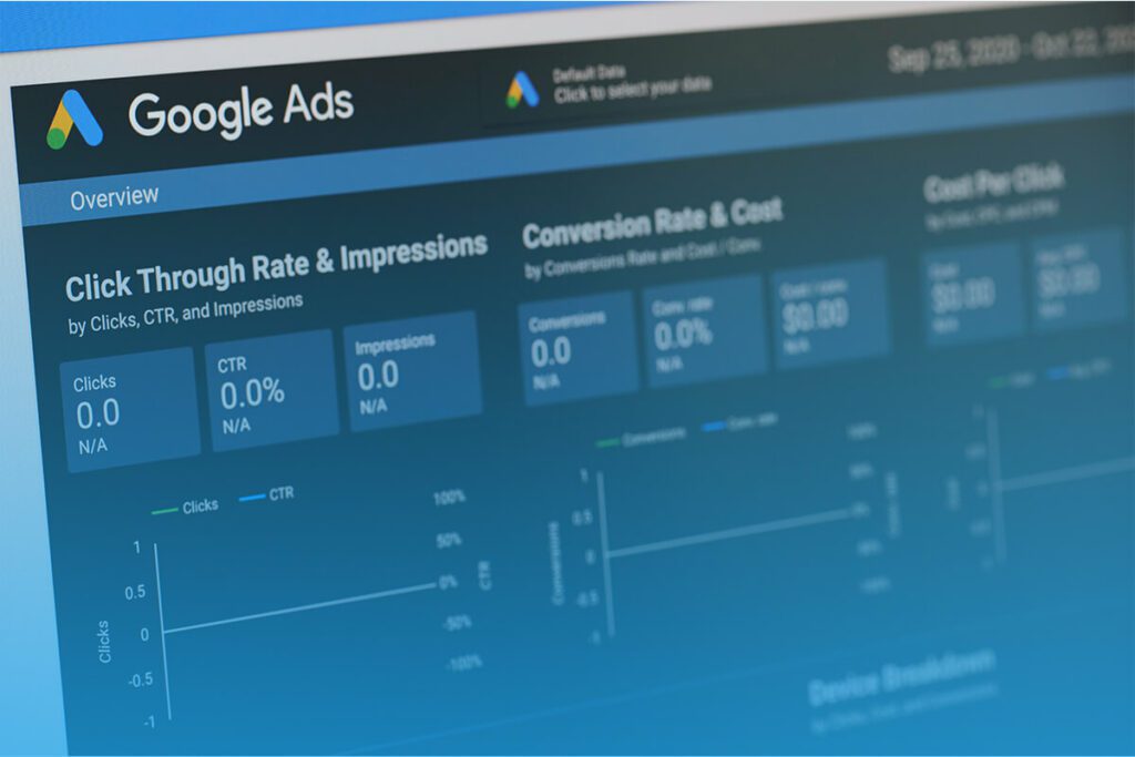 Google Ads dashboard showing metrics like click-through rate, impressions, and conversion rate