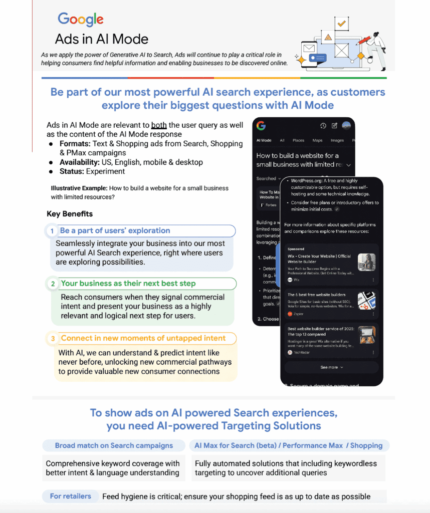 Slide from Google’s pitch deck introducing Ads in AI Mode, showing how ads are integrated into AI-generated search responses