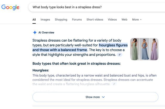 Google AI Overviews strapless dress