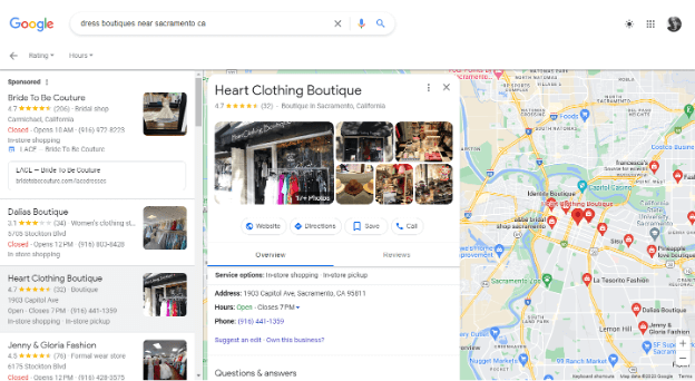 Google Business Profile listing for Heart Clothing Boutique in Sacramento