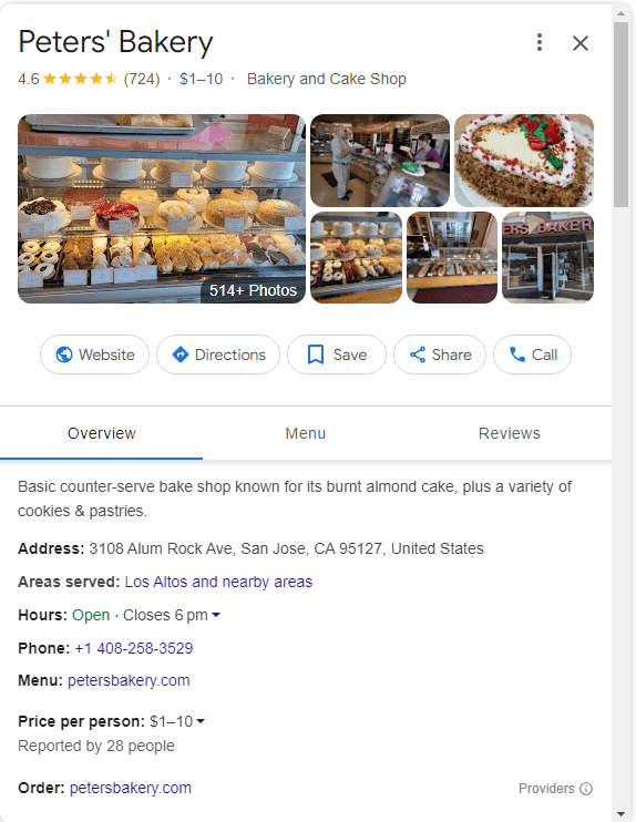 a Google Business Profile listing for a local bakery
