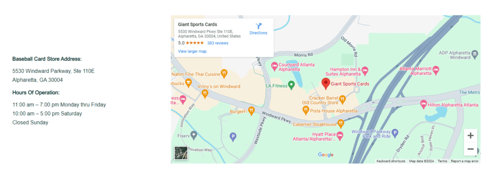 a Google Maps embed in a sports card store website
