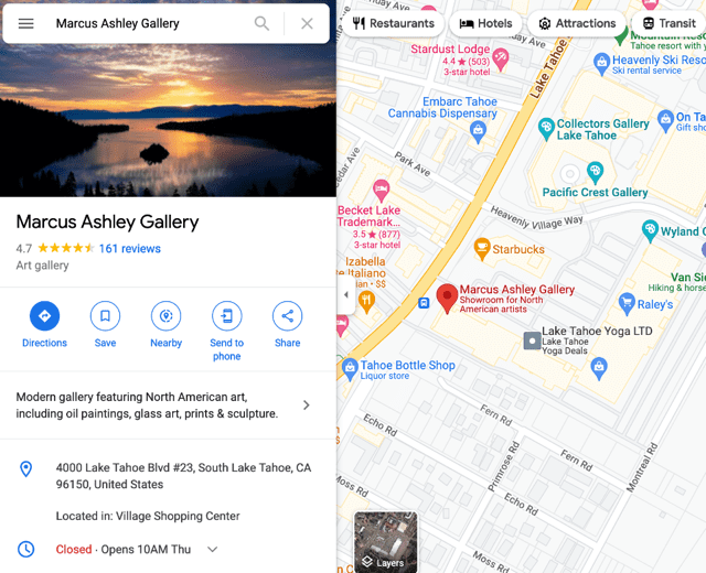 a well-optimized Google My Business profile for an art gallery
