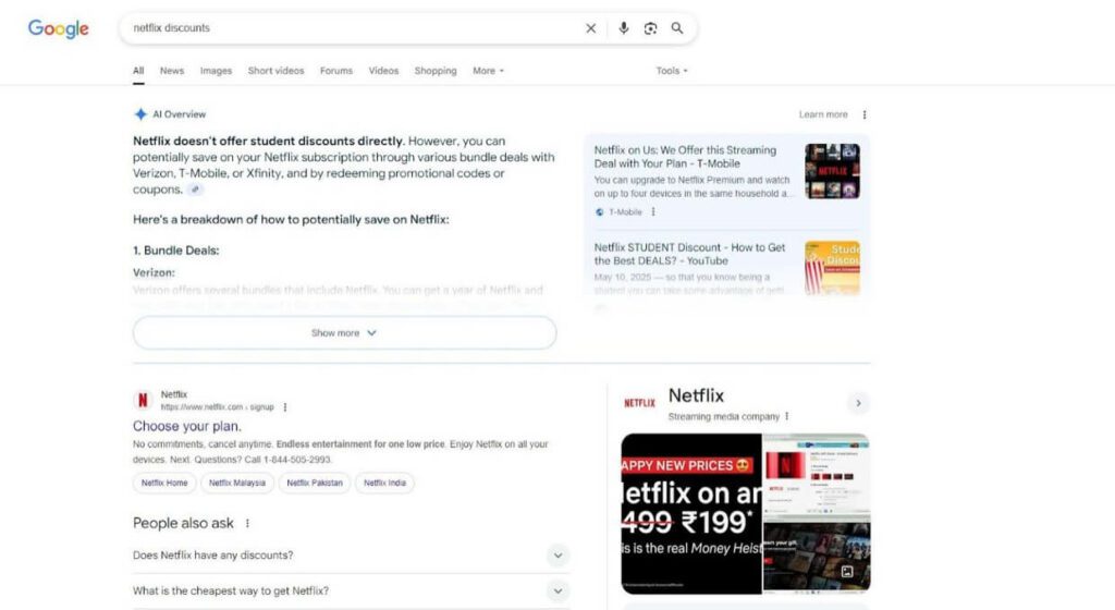 Google search for “netflix discounts”