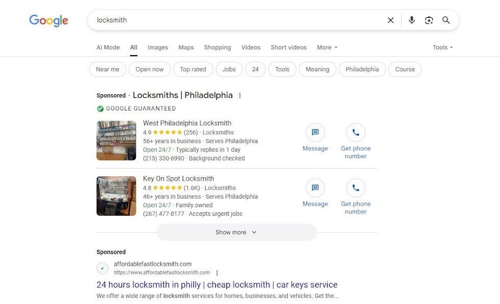 Google search results for “locksmith”