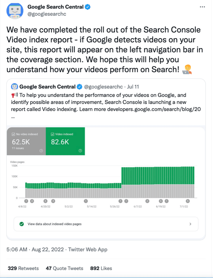 Google Search Central Twitter status announcing video indexing report