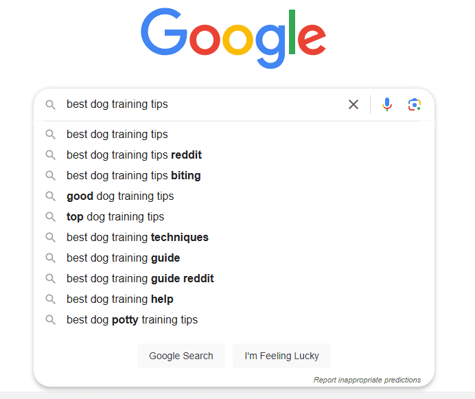 Google search suggestions for dog training tips