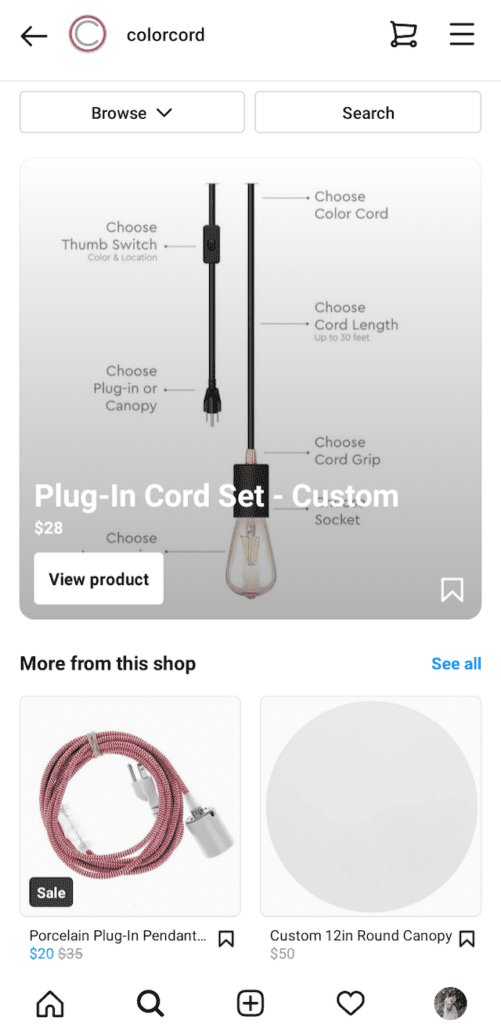 a home decor business’s Instagram shop