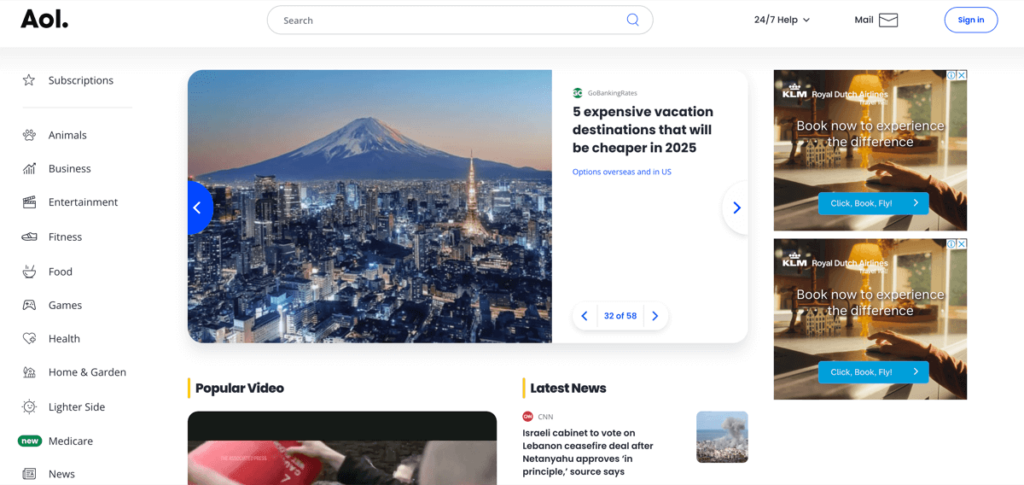 Home page of AOL displaying world news