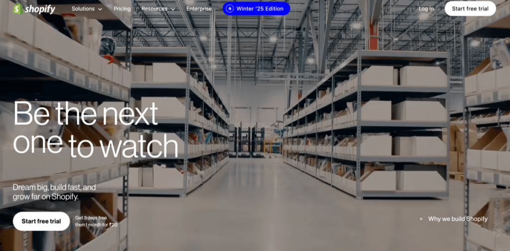 Home page featuring large stacked warehouse shelves