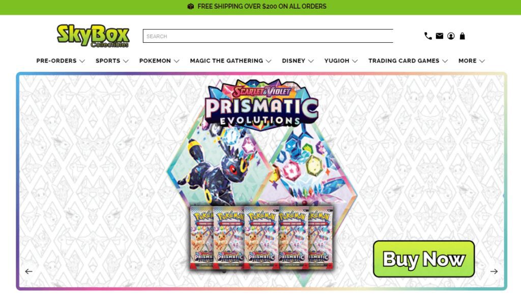 Home page of Skybox Collectibles featuring Pokemon cards