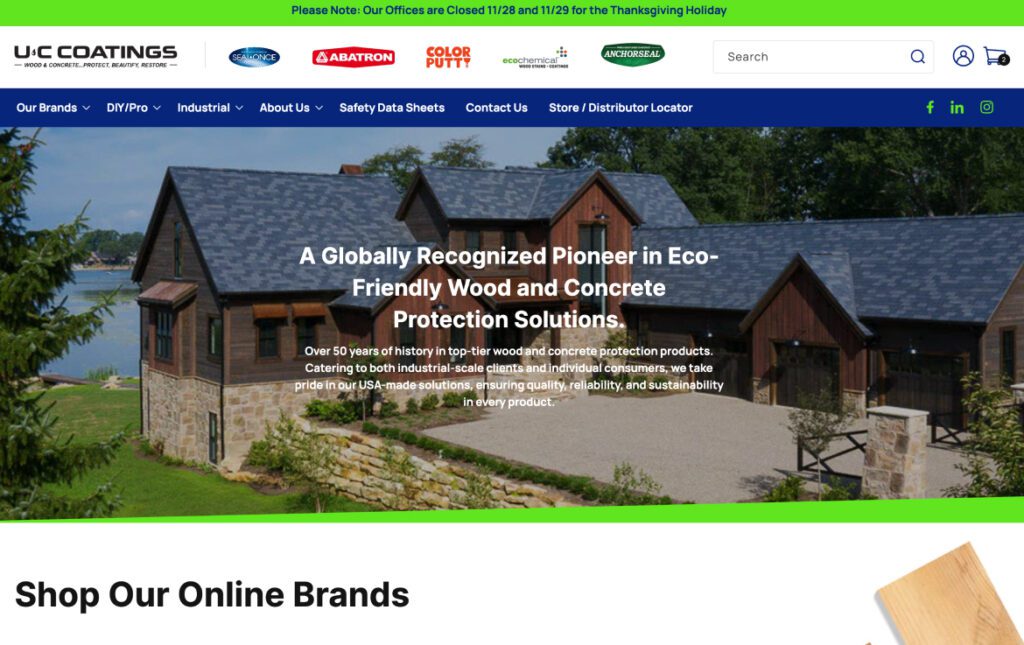 Homepage for U-C Coatings showcasing eco-friendly wood solutions