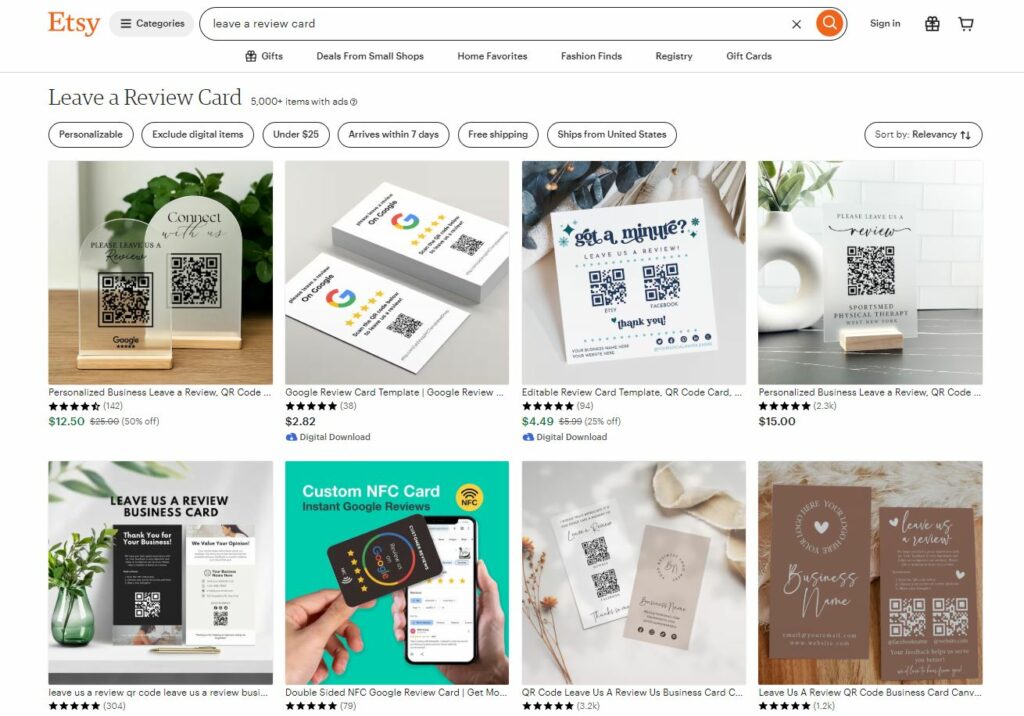 “Leave a review” cards on Etsy
