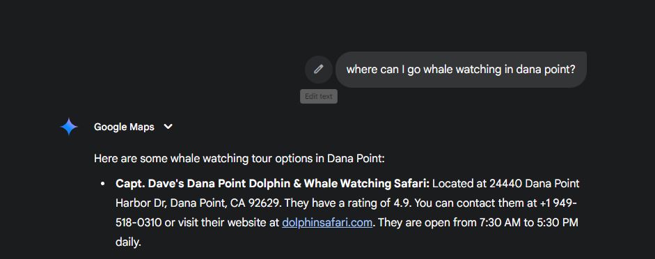 Screenshot of Gemini’s answer for “Where can I go whale watching in Dana Point?”