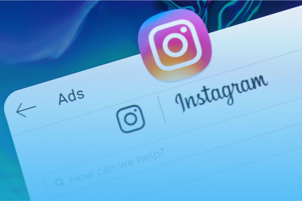 Instagram interface on a computer screen with the 'Ads' section selected under the Instagram logo