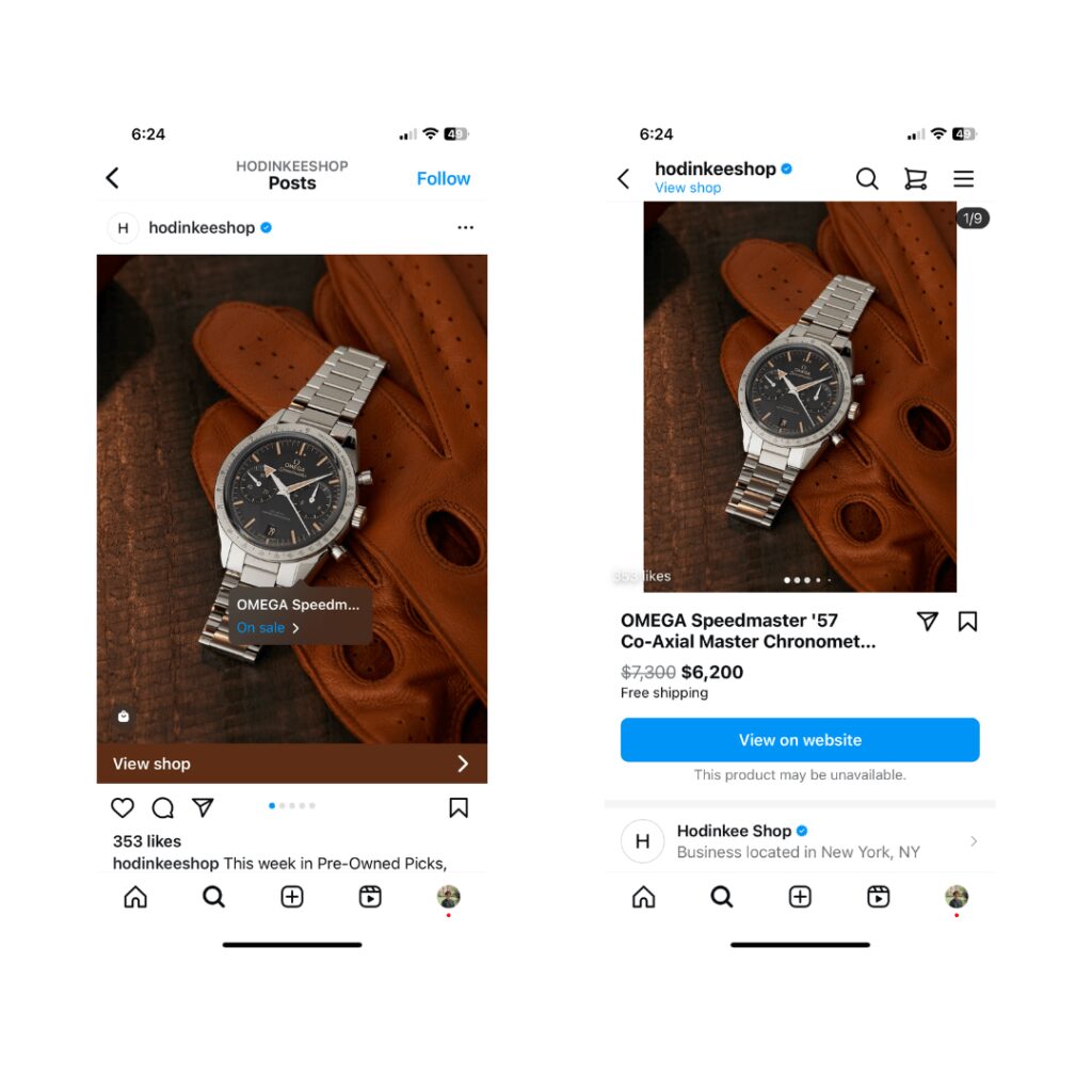 an Instagram shop selling a watch