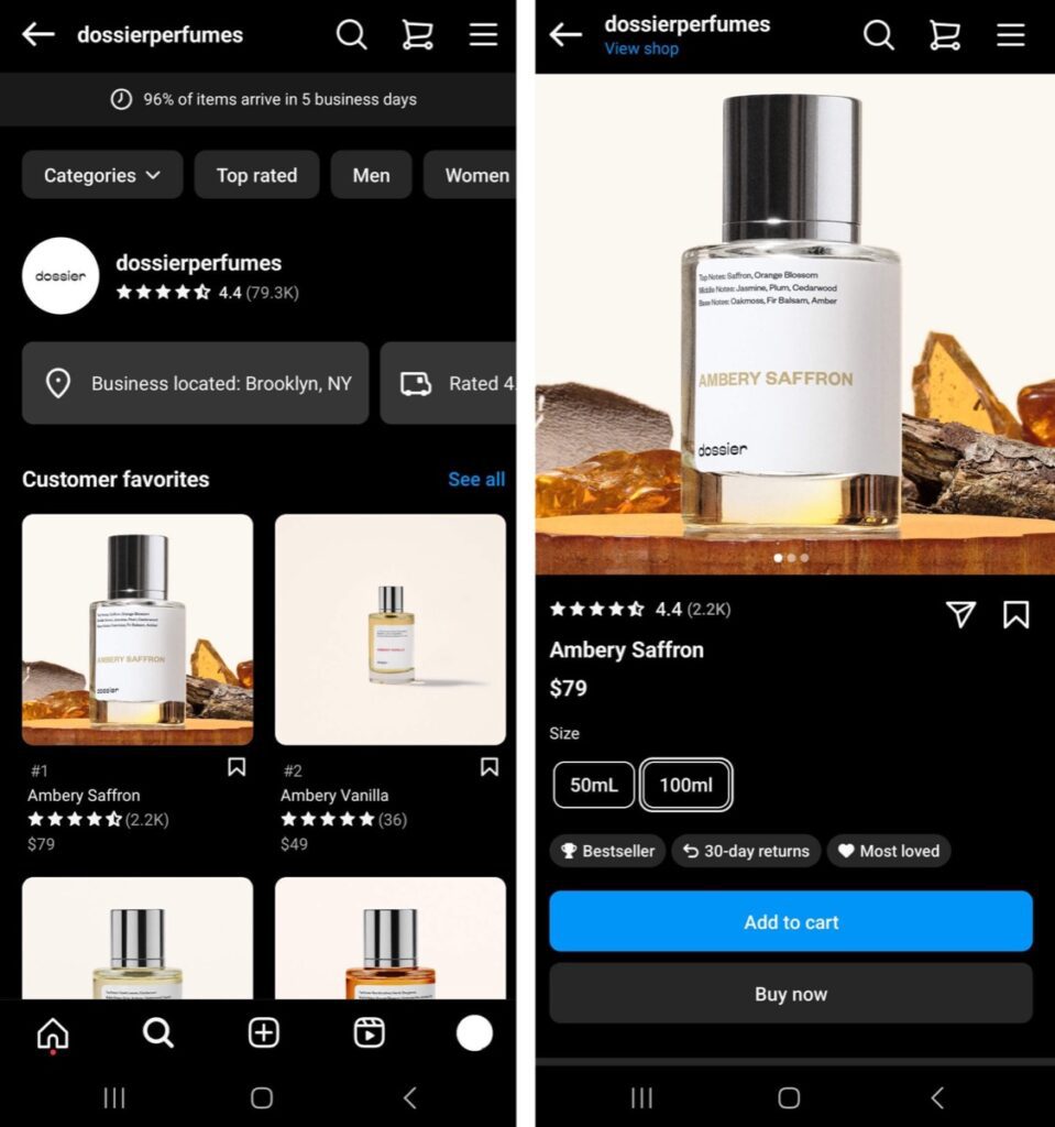 an Instagram shop selling perfume