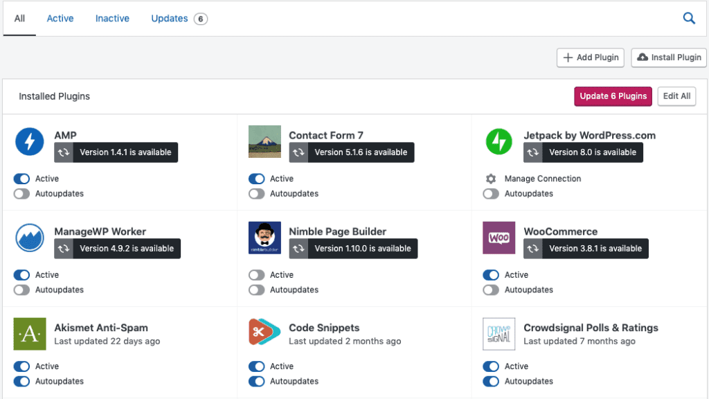 Display installed plugins, showing the auto-update feature of each