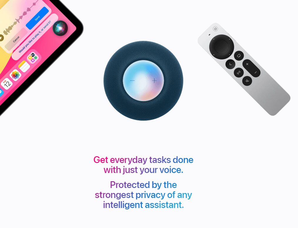 An iPad, a HomePod, and an Apple TV remote
