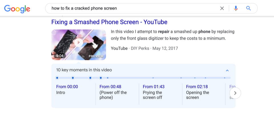 Key moments in an indexed Google video