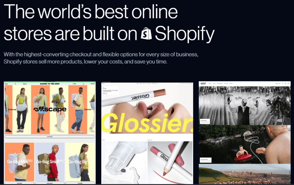 a landing page highlighting Shopify’s online stores